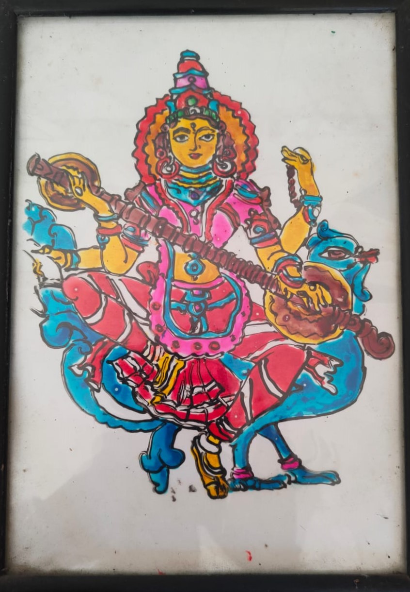 Goddess Saraswati, glass painting