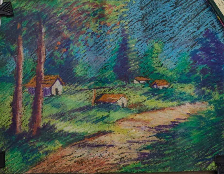 Windy Village Scene, pastel colours