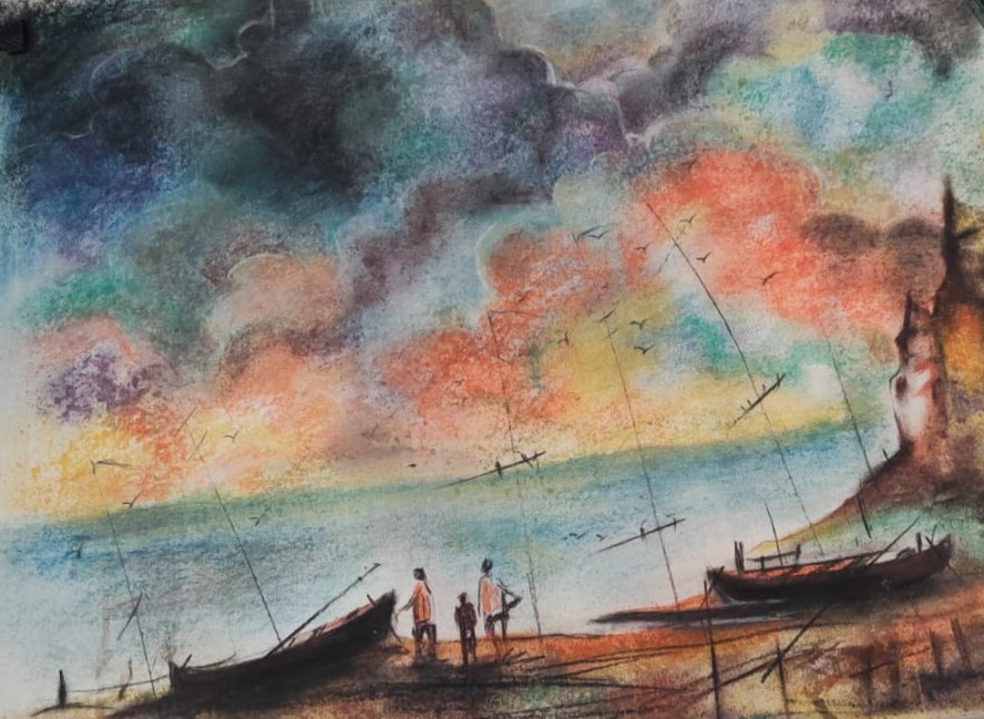 Northern Lights in a Village, dry pastel
