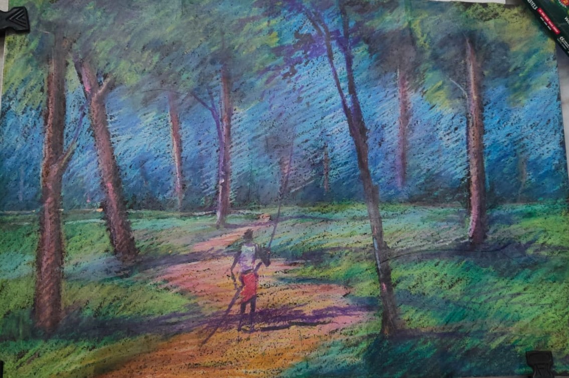 Pastel colour of a man passing by the woods